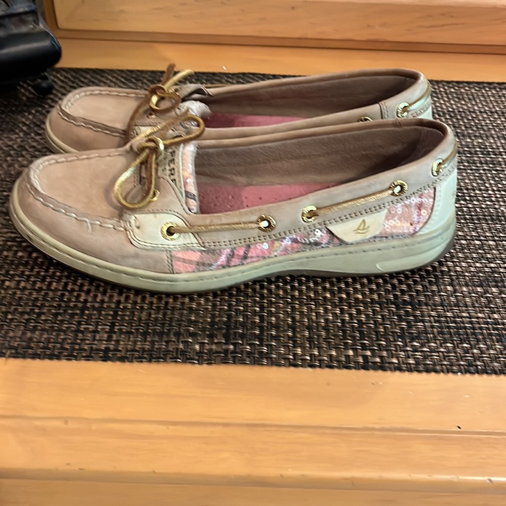 Sperry topsiders, leather and pink plaid sequin